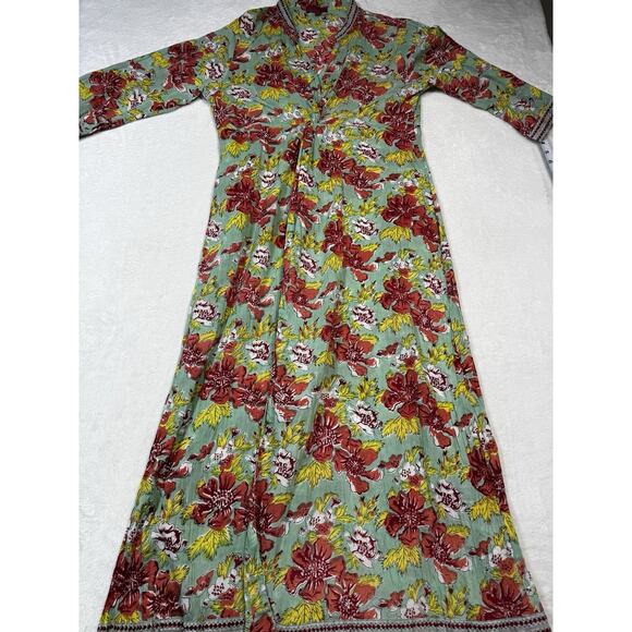 Paisley & Pomegranate Nila Rubia Hand-Block Floral Maxi Wrap Dress Teal LG - Picture 1 of 8